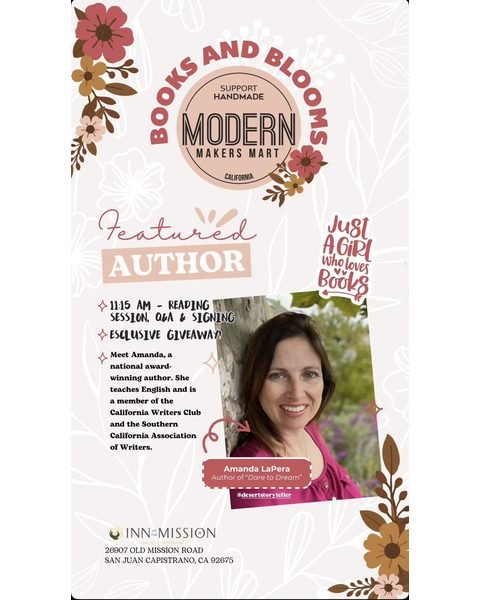 Books and Blooms San Juan Capistrano Inn 2025 featured author flyer.