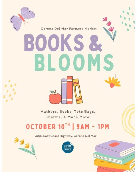 Books & Blooms flyer for the Corona del Mar Farmers Market on October 10, 2026.