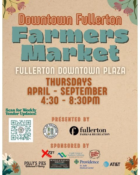 Downtown Fullerton Farmers Market 2025 book signing flyer.