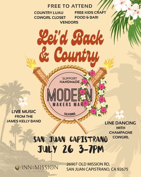 Lei’d Back & Country book signing flyer at Inn at the Mission on July 26, 2026.