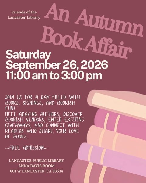 Friends of the Lancaster Library Autumn Book Affair flyer for September 26, 2026, at Lancaster Public Library.