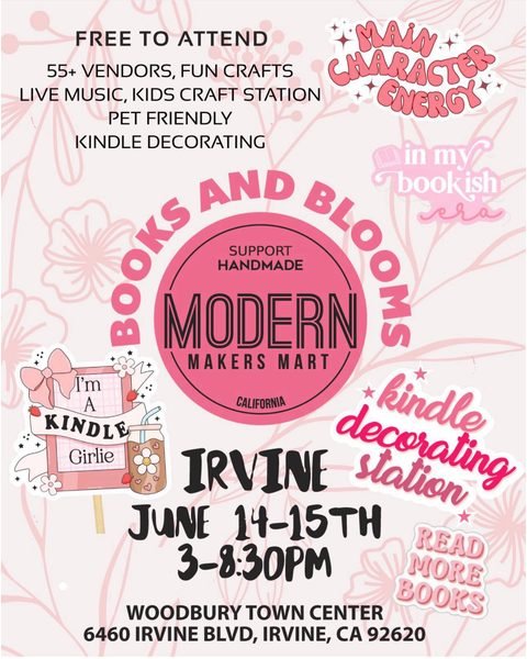 Modern Makers Mart Irvine June 2025 book signing flyer.