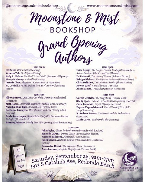 Moonstone & Mist Bookshop Grand Opening author signing schedule for September 26, 2026.